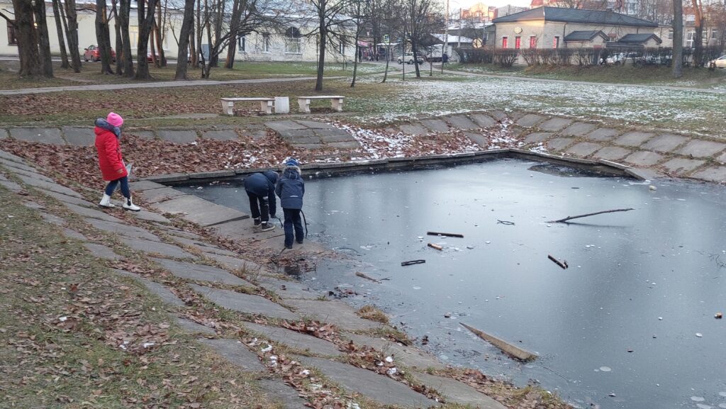 Дети у замёрзшего пруда
