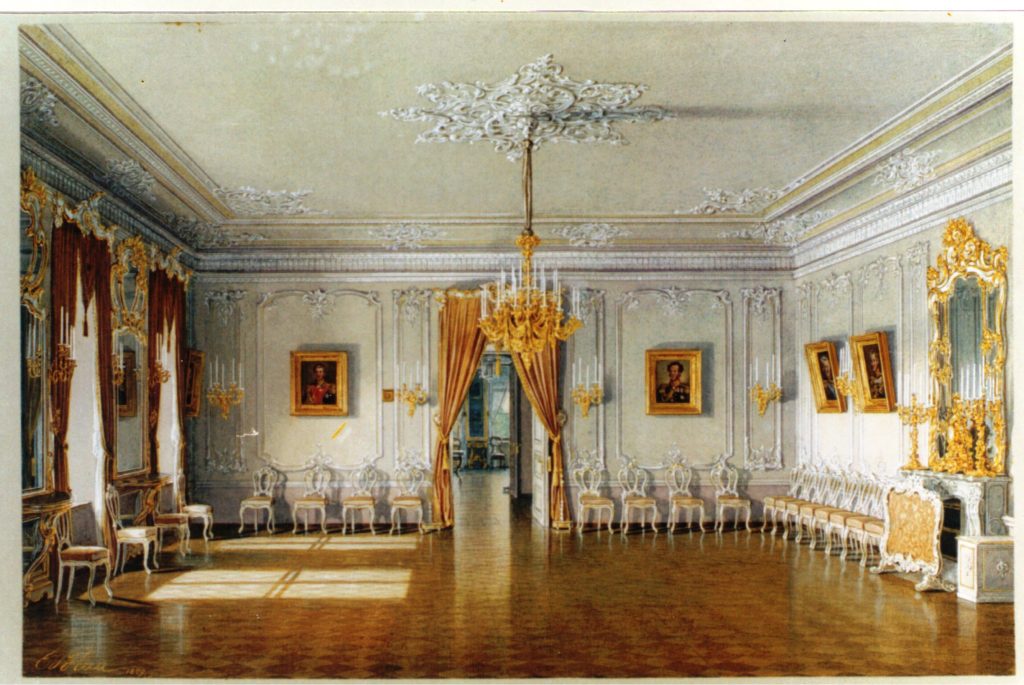 Гатчинский дворец, Жёлтый зал с портретами героев. войны 1812 г. Акварель Э. Гау