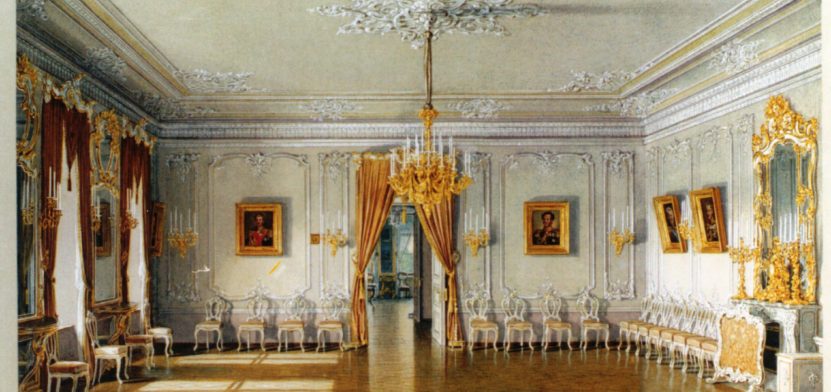 Гатчинский дворец, Жёлтый зал с портретами героев. войны 1812 г. Акварель Э. Гау